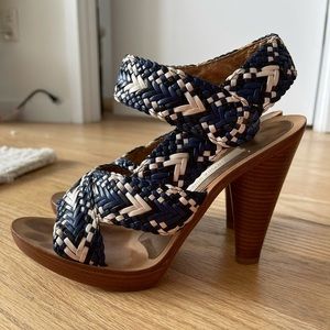 Cynthia Vincent Navy and white woven block heels
